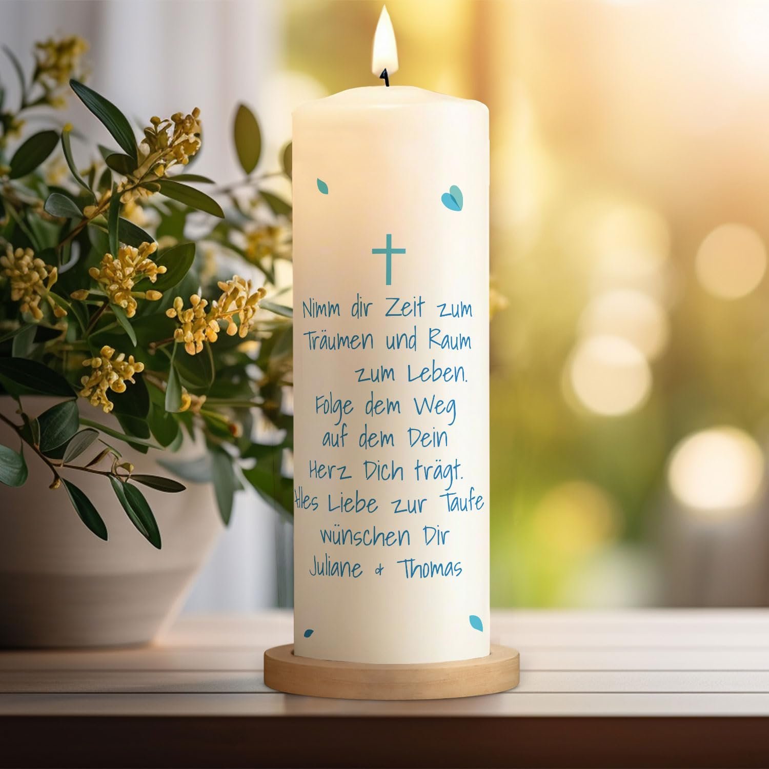 GRAVURZEILE Taufkerze Lebensbaum - Kerze mit Namen, Datum & Taufspruch - Hochwertige Stumpenkerze 250/80 mm brilliant bedruckt - Personalisiertes Taufgeschenk für Mädchen & Jungen - Weiß - Blau - Image 10