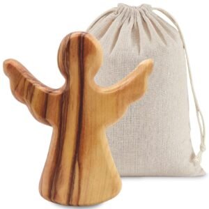 GWAWG Schutzengel Holz Handgefertigte Engel Figur aus Olivenholz mit Stoffbeutel, Schutzengel Glücksbringer Geschenk zur Taufe Kommunion Geburt, Engel Holzfigur für Mädchen Jungen - Image 1