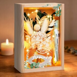Geldgeschenke Verpackung Firmung Geschenke Jungen Mädchen, inklusive Holzbox + Trockenblumen + LED Lichterkette + Reagenzglas+ Fish Holz + Firmung Karte, Geschenke zur Firmung - Image 1