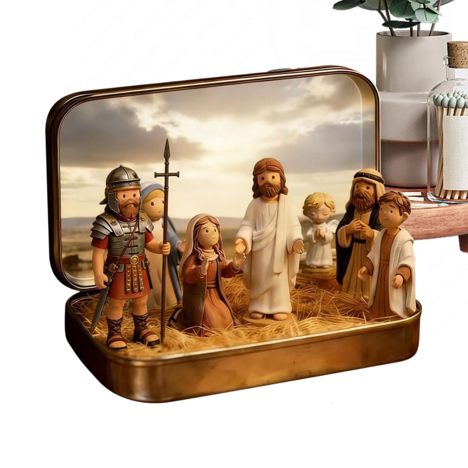 Generisch Mini Jesus Figuren – Religiöse Osterszene In Blechdose | Kleine Heilige In Einer Do-se Sammlerfiguren | Jesus Leidende Szene Religiöse Dekoration Für Zuhause, Schlafzimmer, Tischregal (A) - Image 1