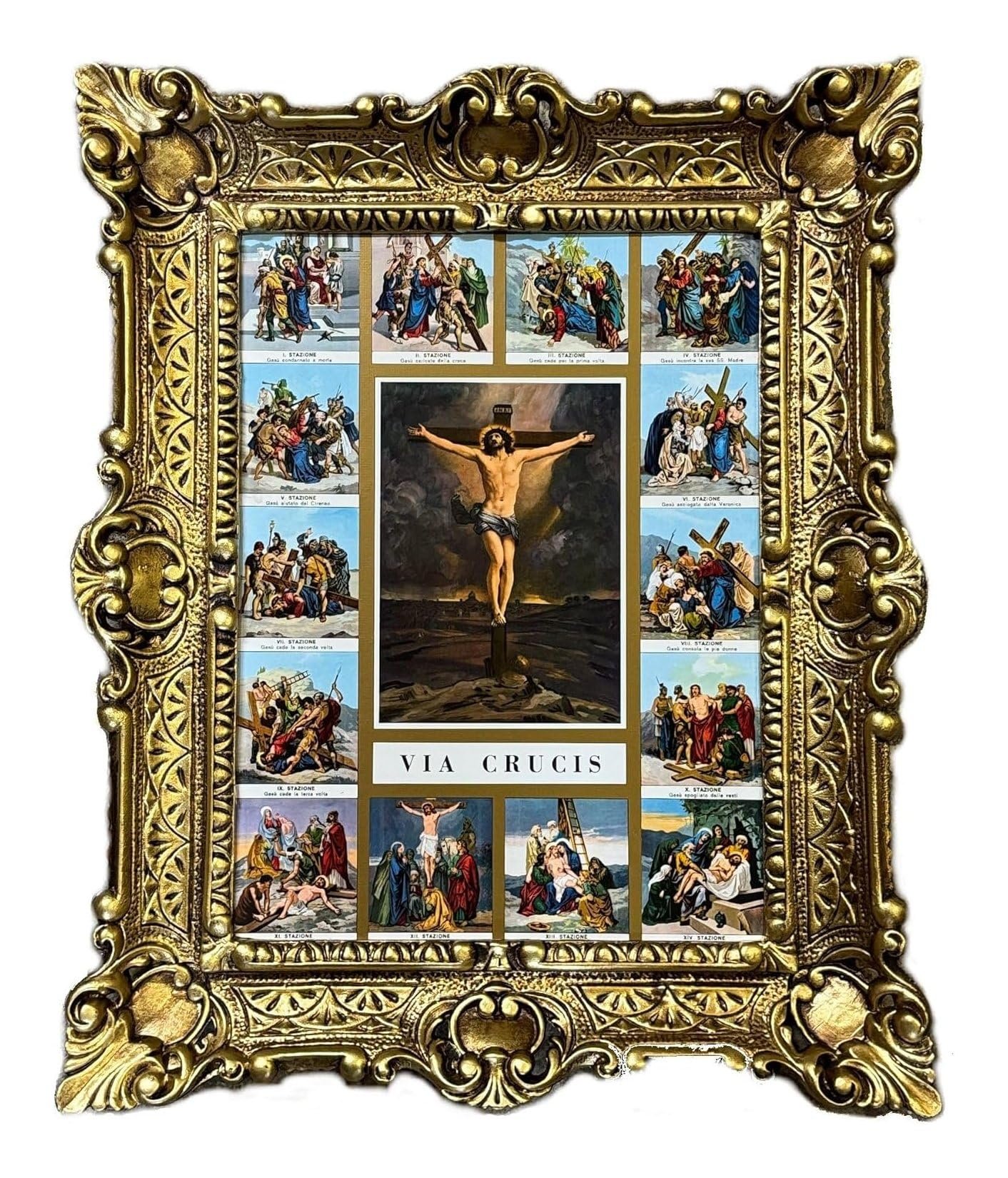 Generisch Via Crucis Wandbild mit Ornamentrahmen, Polyresin Kunstdruck, 56x46 cm, Religiöses Motiv mit 14 Stationen Gemälde Neu - Image 1