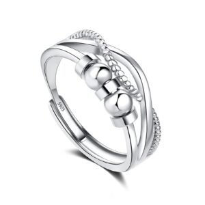 Glintara Silber Anxiety Ring für Damen, 925 Sterling Silber Kreuz Angst Ring, Offen Einstellbar Anti Stress Ringe, Spinner Fidget ring mit Perlen Band, Unisex Dekompressionsringe gegen Angst Stress - Image 1