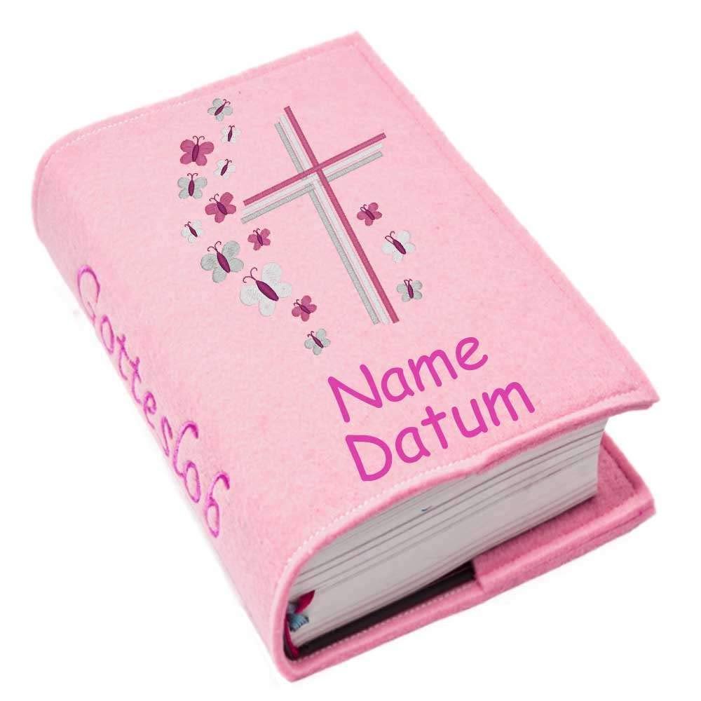 Gotteslob Gotteslobhülle Hülle Kreuz Schmetterlinge pink rosa Filz Namen bestickt Einband Umschlag personalisierte Gesangbuchhülle, Farbe:rosa - Image 1