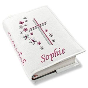 Gotteslob Gotteslobhülle Kreuz Schmetterlinge pink rosa Filz mit Namen bestickt hellgrau weiß dunkelgrau blaugrau dunkelblau türkis maigrün flieder Mädchen, Farbe:weiß - Image 3