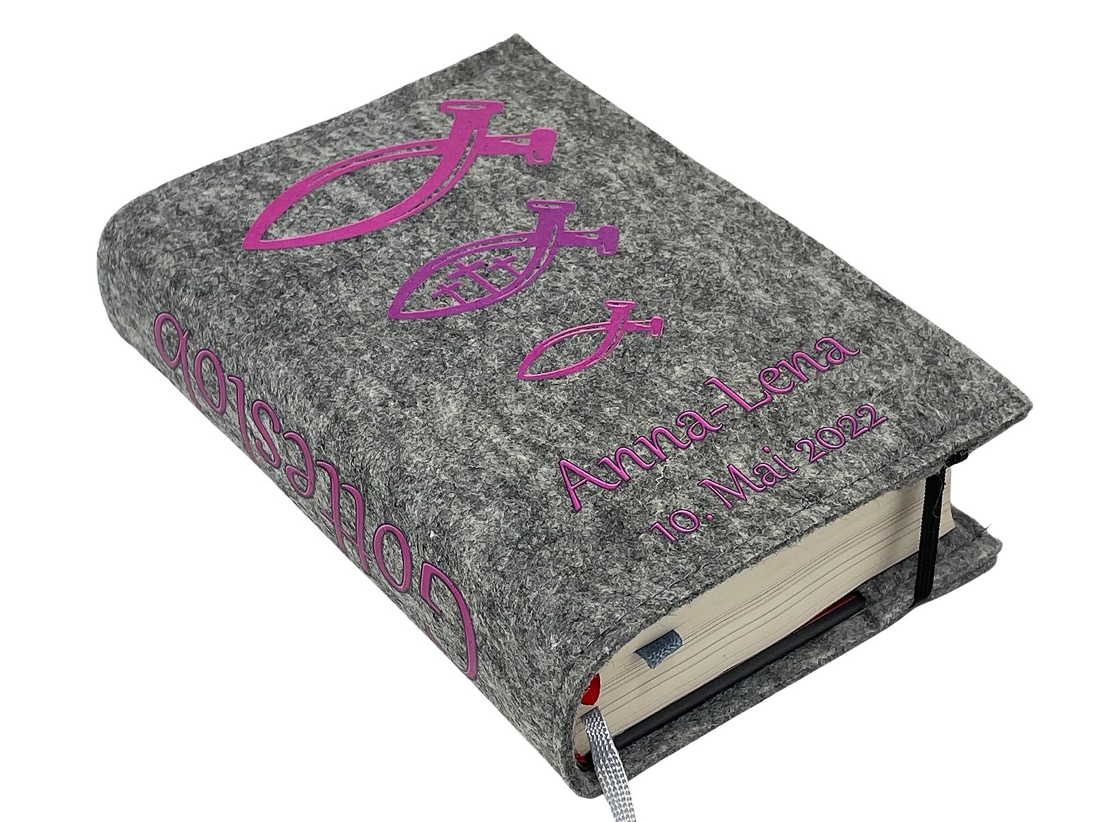 Gotteslobhülle mit Namen aus Filz einband Fische Pink Gesangbuch einband Kommunion gotteslob hülle - Image 2