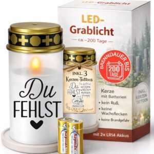 Grablichter LED mit Batterie I Grabkerzen Wetterfest für draußen mit Flackereffekt I Friedhofskerzen bis 6 Monate Leuchtdauer I Stilvolle Gedenkkerze inkl. 3 Sticker zur Gestaltung I Drytogo - Image 1