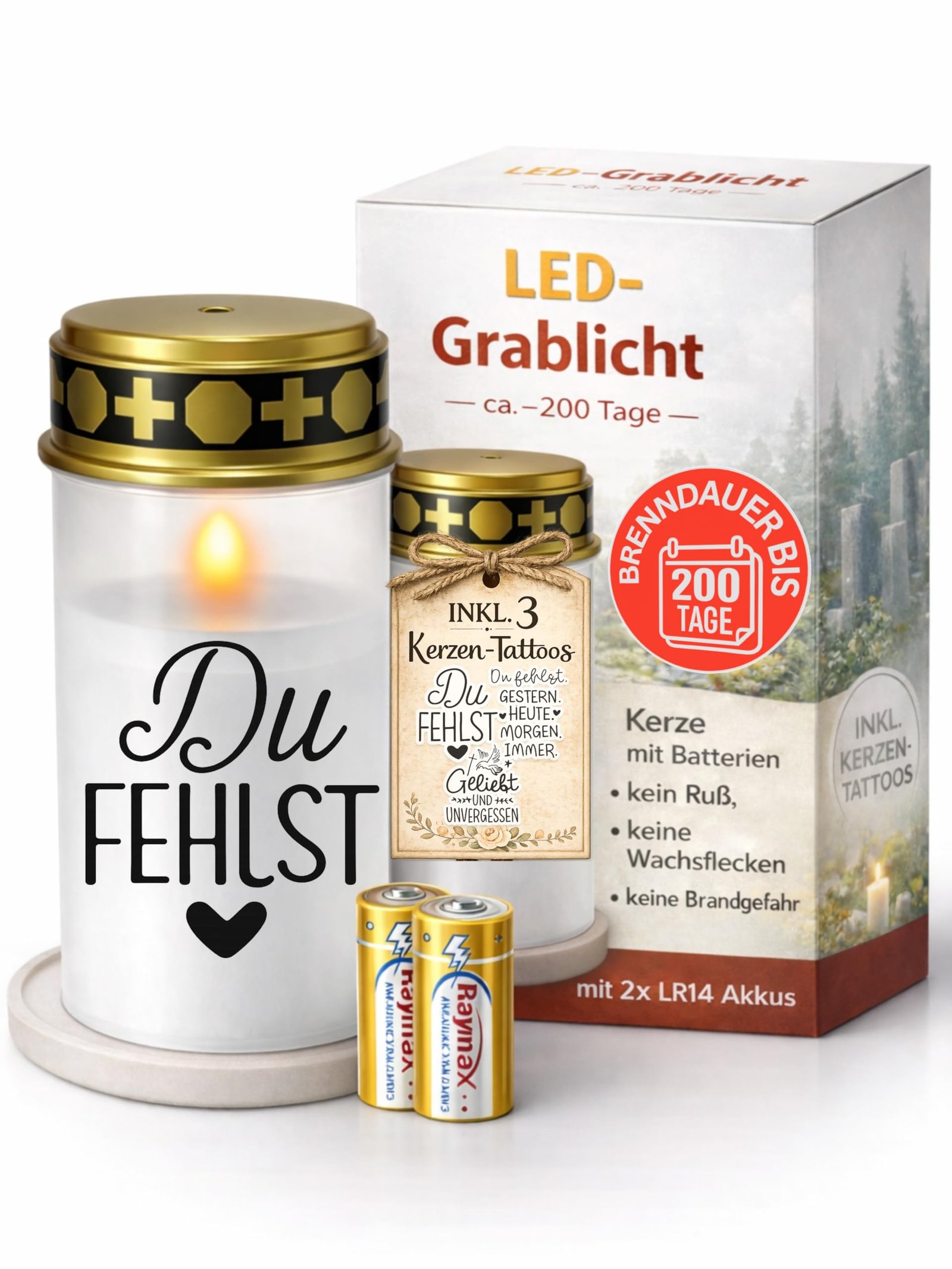 Grablichter LED mit Batterie I Grabkerzen Wetterfest für draußen mit Flackereffekt I Friedhofskerzen bis 6 Monate Leuchtdauer I Stilvolle Gedenkkerze inkl. 3 Sticker zur Gestaltung I Drytogo - Image 1