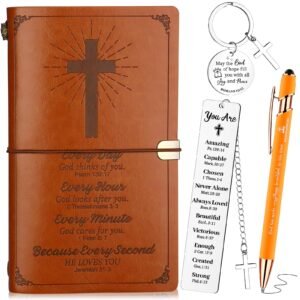 HAOWANWW 4-teiliges christliches Geschenk für Männer Christliches Notizbuch Bibel-Lederjournal Notizbuch mit Bibel-Kugelschreiber Religiöse Lesezeichen Bibelvers-Schlüsselanhänger Inspirierende - Image 1