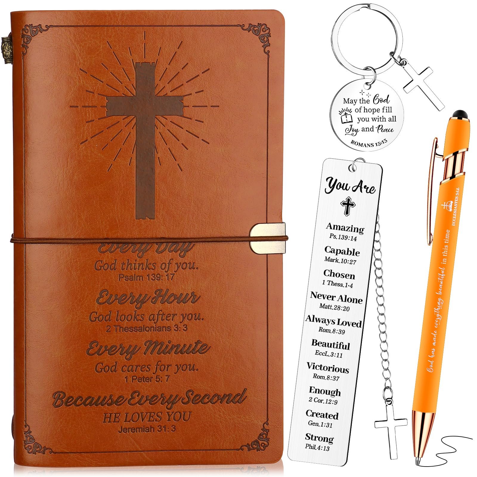 HAOWANWW 4-teiliges christliches Geschenk für Männer Christliches Notizbuch Bibel-Lederjournal Notizbuch mit Bibel-Kugelschreiber Religiöse Lesezeichen Bibelvers-Schlüsselanhänger Inspirierende - Image 1