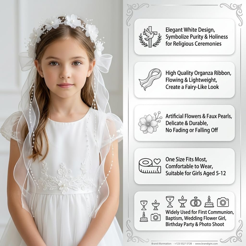 Haarschmuck Kommunion Mädchen,Haarkranz Kommunion Haarschmuck für Mädchen,Stirnband Erstkommunion Prinzessin Blumen Haarreif Blumenmädchen Kopfschmuck Haarband mit Blüten Perlen für Hochzeit(Weiß) - Image 8