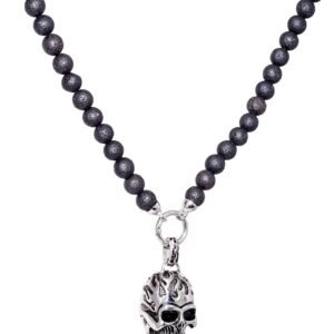 Halbedelstein Totenkopf Skull Halskette Rosenkranz Onyx, Herren Schmuck Männer schwarz Perlenkette Bikerschmuck Skull Edelstahl Gebetskette Geschenk Gothik Matt Lava Religion Handgemacht Handmade - Image 1