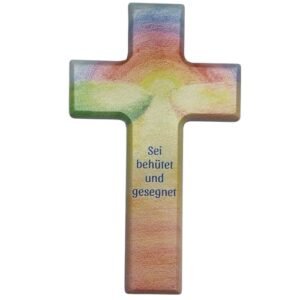 Herzmensch Kleines Kinderkreuz aus Holz Regenbogen mit Spruch Sei behütet und gesegnet 9 x 15 x 1,3 cm von der Künlerin B. Höcker - zum Aufhängen als Wandkreuz - Image 4