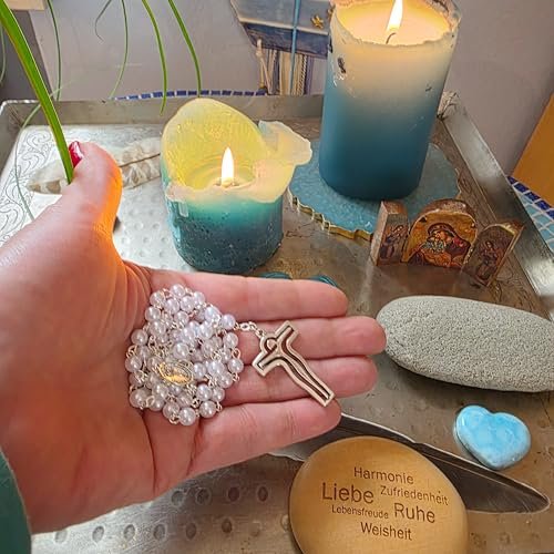 Herzmensch Weißer Rosenkranz Perlmutt-Imitation zur Heiligen Kommunion oder Firmung als Geschenk für Mädchen und Jungen - Image 3