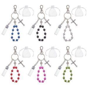 Hobbspring 6pcs katholischen Schlüsselanhänger 6 Farben Weihwasser Rosenkranz Perle Schlüsselanhänger Weihwasserflaschen Schlüsselanhängers mit Kruzifix und Organza Taschen für Ostern Party Gunst - Image 1