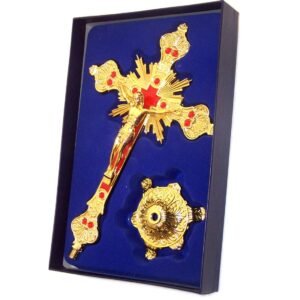 Holy Land Market Altarkruzifix – Kirche oder Heimdekoration – Emaille verziert (25,4 cm, goldfarben/rote Steine) - Image 1