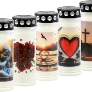 Horeca Candles - Grabkerzen 7 Tage Brenndauer - 5er Set Grablicht mit Deckel - Weiß Wachs - Trauerkerzen mit Motiv - Friedhofskerze für Grabdeko - Image 1