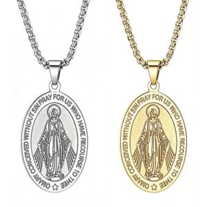 JKJF 2 Stück Jungfrau Maria Anhänger Halskette Edelstahl Maria Anhänger Kette Hip Hop Punk Marienbild Amulett Halskette für Herren Frauen - Silber Golden - Image 1