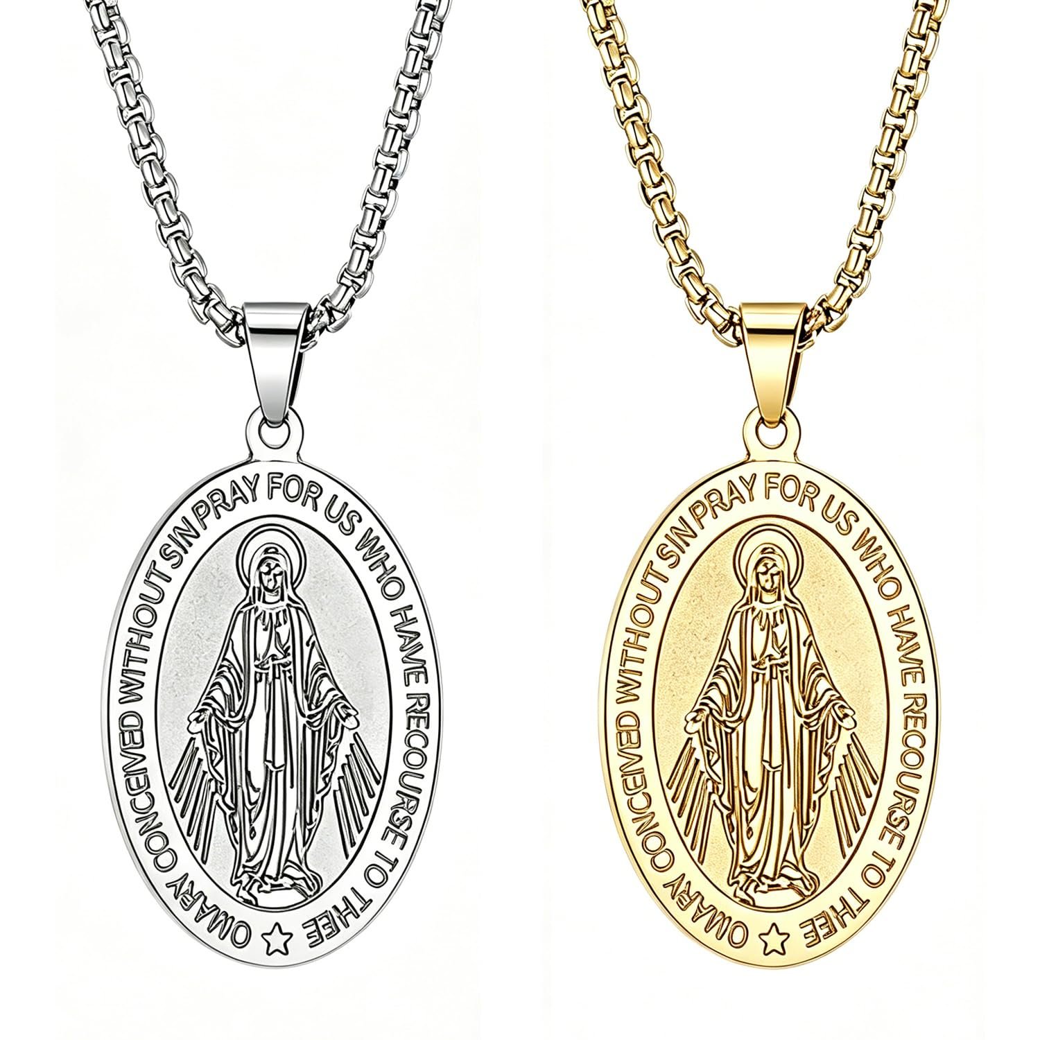 JKJF 2 Stück Jungfrau Maria Anhänger Halskette Edelstahl Maria Anhänger Kette Hip Hop Punk Marienbild Amulett Halskette für Herren Frauen - Silber Golden - Image 1