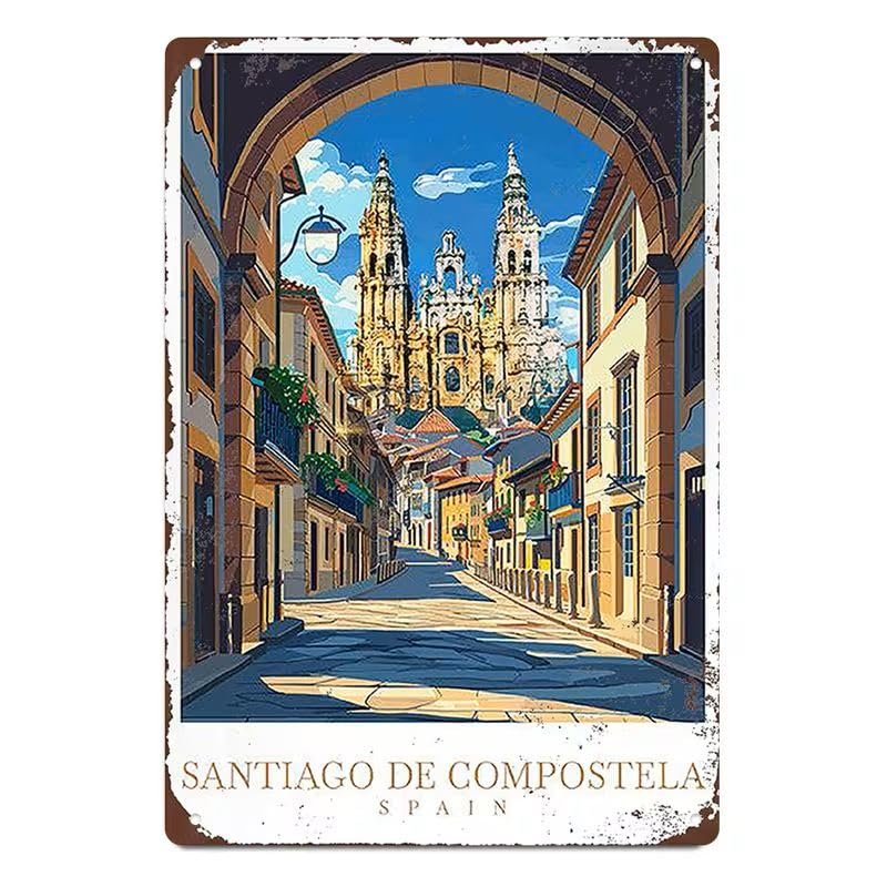 Jakobsweg Blechschild „Santiago de Compostela“ – Romantische Altstadt-Gasse mit Kathedrale – Metall-Wandschild – Wetterfest – 30 x 20 cm - Image 1