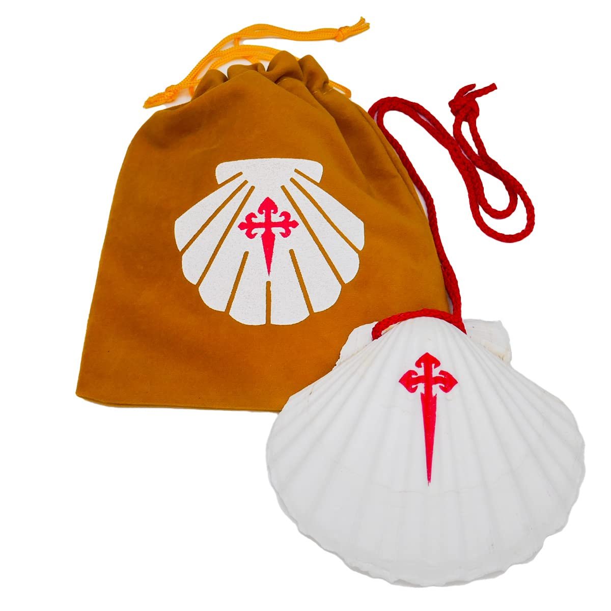 Jakobsweg Jakobsmuschel mit Kreuzaufdruck – Echte Pilgermuschel für Camino de Santiago – inkl. Samtbeutel (braun) zur Aufbewahrung – Jakobsweg Zubehör & Pilger Geschenk - Image 1