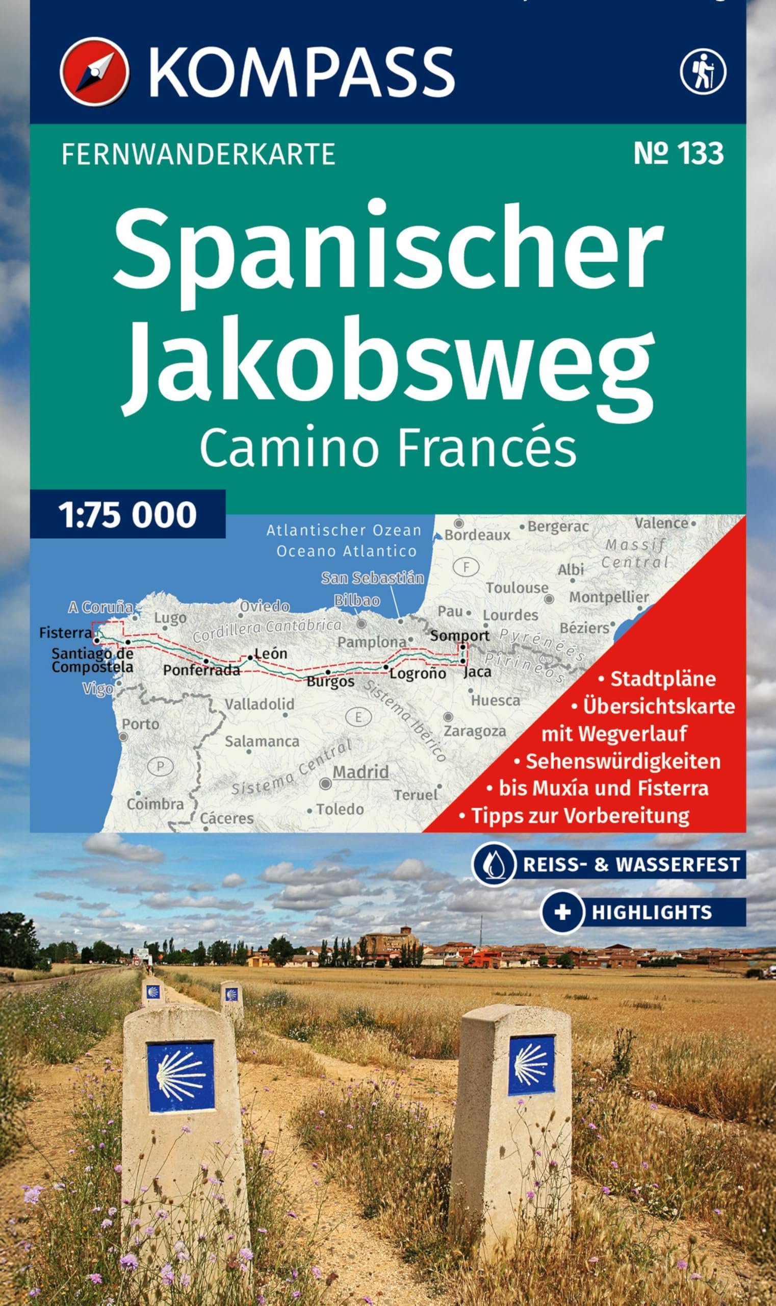 KOMPASS Wanderkarte 133 Spanischer Jakobsweg, Camino Francés 1:100.000: Fernwanderweg: von den Pyrenäen nach Santiago de Compostela und Cabo Fisterra - Image 1