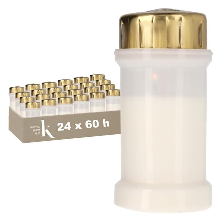 KRISTEN Traditionelles Grablicht mit Sturmhaube für den Außenbereich – 60 Brennstunden – Weiß – Set mit 24 Stück – Vorteilspack – Gedenklicht, Grabkerze, Gedenkkerze, Friedhofskerze - Image 1