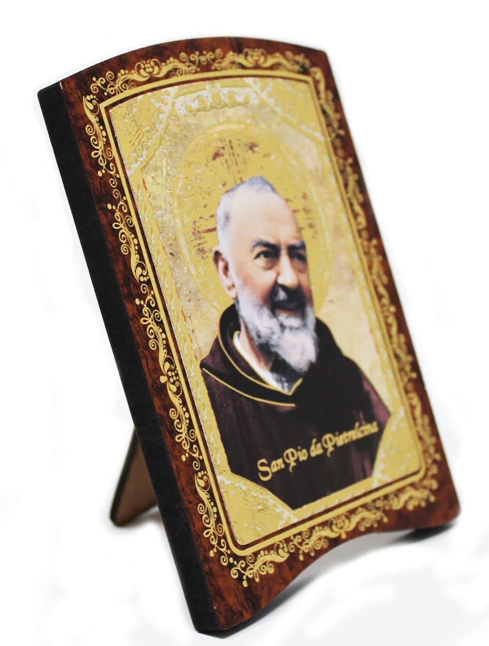 KUSTOM ART Cucuba Bild Padre Pio mit Notenständer bedruckt auf Holz mit Einsätzen Goldverzierung 12,5 x 9,5 cm - Image 1