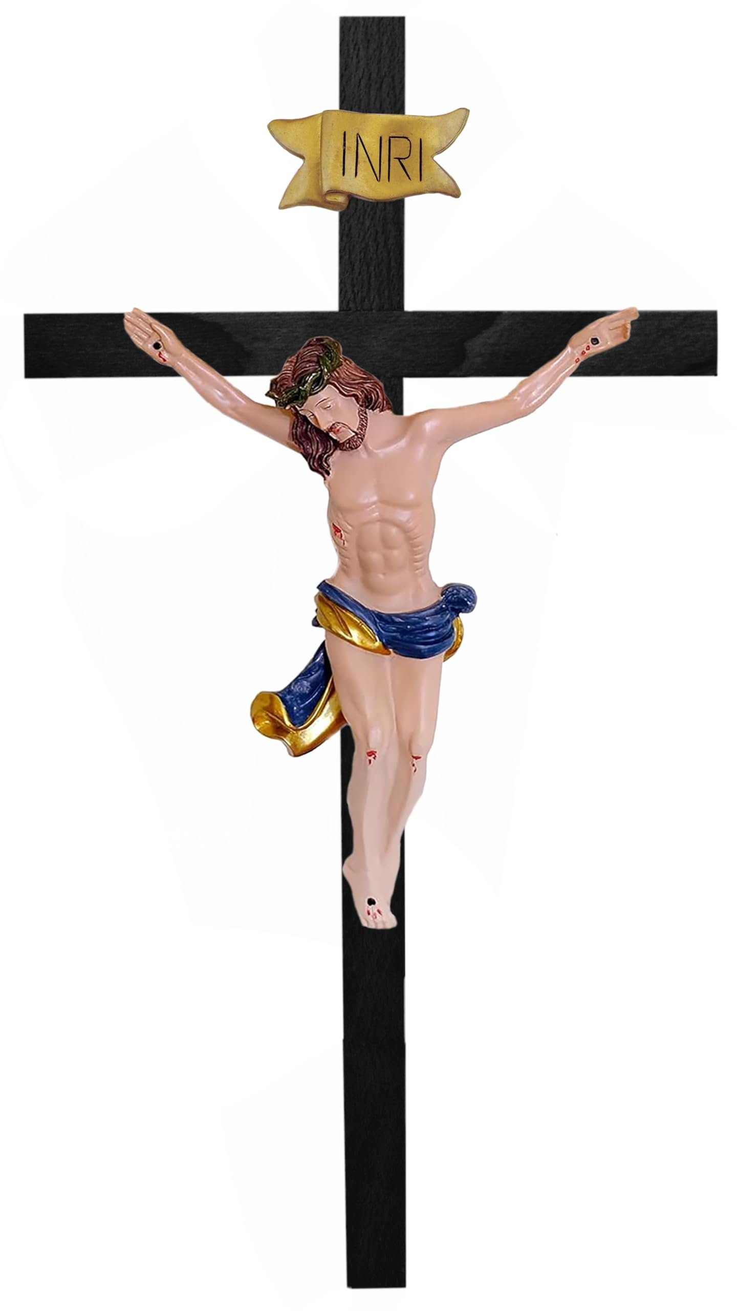 Kaltner Präsente Geschenkidee: 35 cm Wandkreuz Kruzifix aus Holz Buche Schwarz gebeizt - Handgemalte Jesus Christus Figur aus hochwertigen Kunstguss aus Resin – Dekoration - Image 1