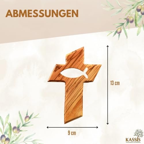 Kassis Geschenkartikel Personalisierbares Kreuz mit Fisch aus Olivenholz – handgefertigtes Wandkreuz aus Bethlehem - Spirituelles Geschenk zur Taufe, Kommunion, Firmung, Konfirmation, Hochzeit - Image 5