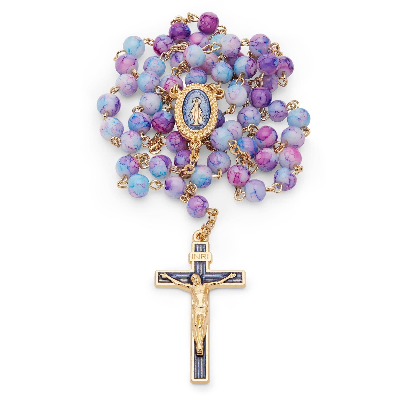Katholischer Rosenkranz in Rosa und Blau Gesegnet während des Angelus vom Papst Perfekt für Frauen und Männer Aus gemischtem Glas auf Kette aus vergoldetem Messing - Image 1