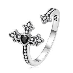 Kerraom Verlobungsring Kreuz Ring Herz Schwarz Glaube Silberring Damen 925 Silber Einstellbare Öffnen Ringe Christliche Kreuzring Vintage Geschenk für Frauen Mädchen - Image 1