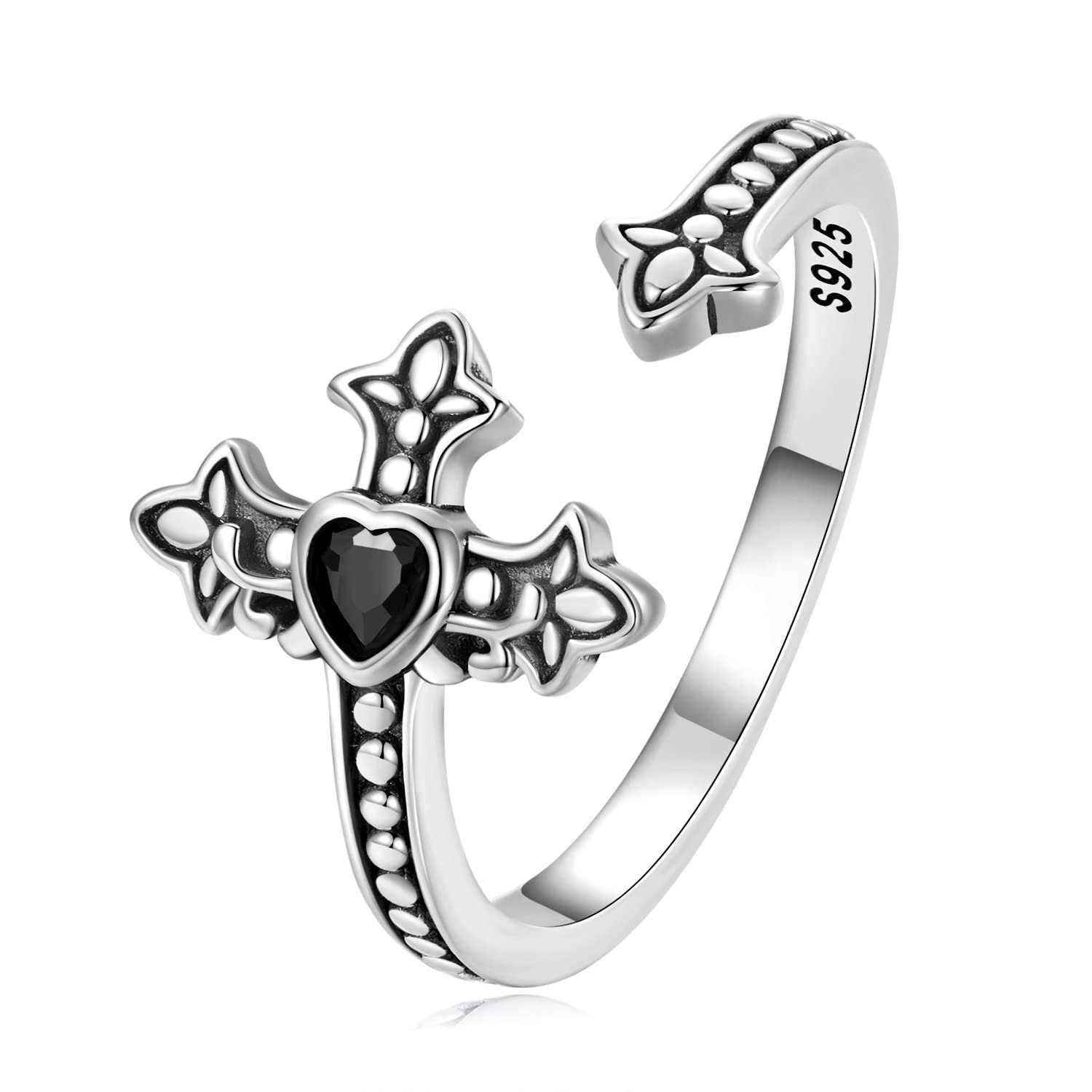 Kerraom Verlobungsring Kreuz Ring Herz Schwarz Glaube Silberring Damen 925 Silber Einstellbare Öffnen Ringe Christliche Kreuzring Vintage Geschenk für Frauen Mädchen - Image 1