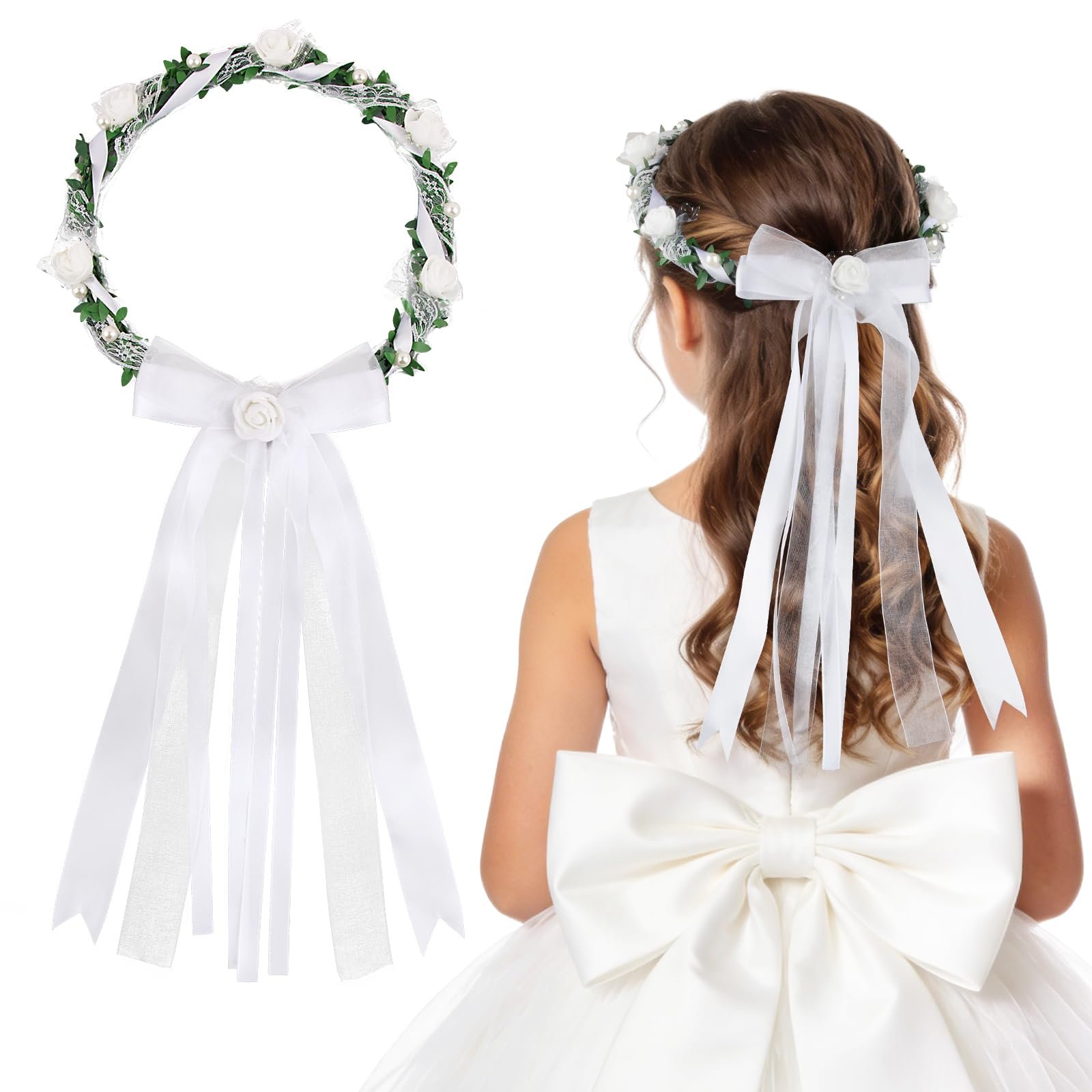 Kommunion Haarschmuck Mädchen Stirnband Blumenkranz mit Weiß Blüten Perlen Organza Bänder für Erstkommunion Blumenkind Blumenmädchen Hochzeit Festival Kopfschmuck - Image 1