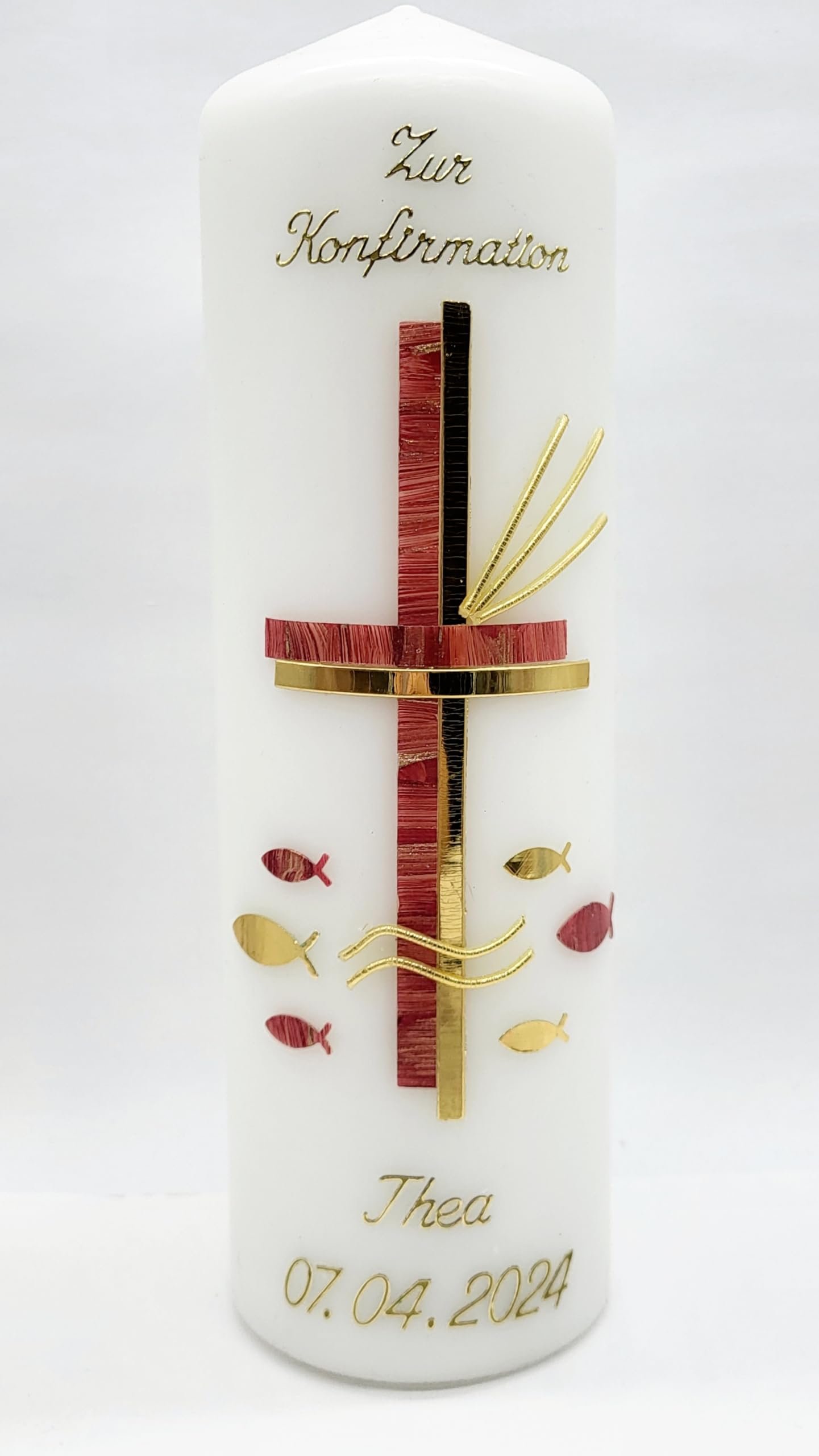 Konfirmationskerze K-07 in vers. Farben inkl. Namen und Datum - auch zur Kommunion Firmung Taufe - HANDARBEIT- Spruch auf Rückseite, Kerzenständer und Geschenkverpackung optional - Image 4