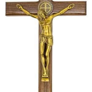 Kruzifix aus dunklem Holz, mit metallischem Korpus und eingebetteten St. Benedikt-Medaillen (antikes Messing) - Image 1