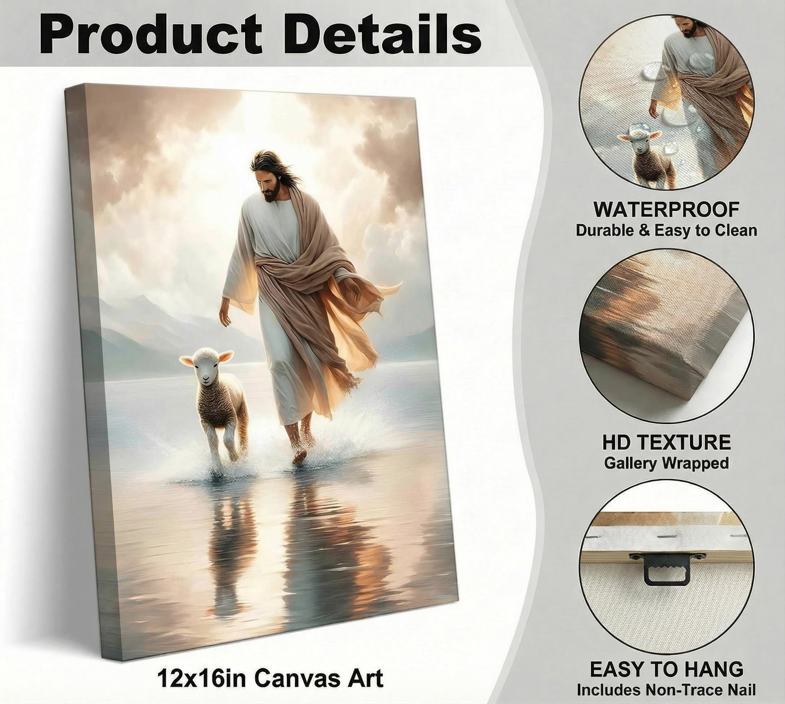 Kunstdruck auf Leinwand, Jesus geht auf Wasser, Motiv: Christus rettet das verlorene Lamm Gemälde, Wanddekoration, christliches Poster, Druck, Follow Me Kunstwerk, Bild-Dekoration für Wohnzimmer, - Image 2