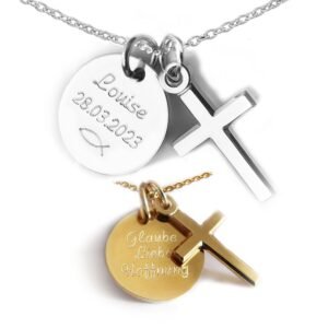 LATIGGA Personalisierte Kette mit kleinem Kreuzanhänger und Gravur – 925 Silber oder vergoldet - Geschenk für Damen, Mädchen zur Taufe, Kommunion oder Firmung - Image 1