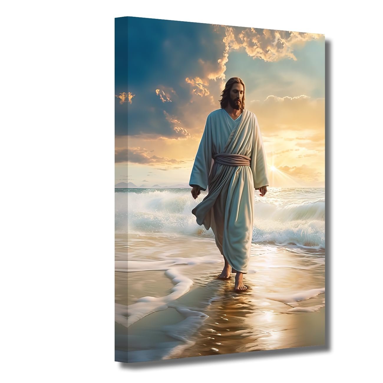 LZIMU Jesus Bild auf Leinwand Jesus geht am Strand Leinwand Bild Gott Poster katholisches Kunstwerk für spirituelle Raum Wanddekoration Gerahmt (3, 30.00x45.00cms) - Image 1