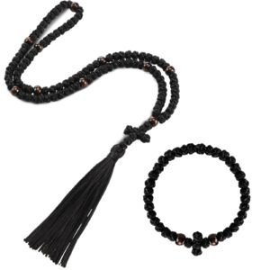 Landical 2-teiliges handgefertigtes orthodoxes Gebetsset: 100 Knoten Seil & 33 Knoten Armband mit roten Perlen & schwarzer Kordel, christlicher griechischer Gebets-Rosenkranz, 7.48 inches, Satinkordel - Image 1