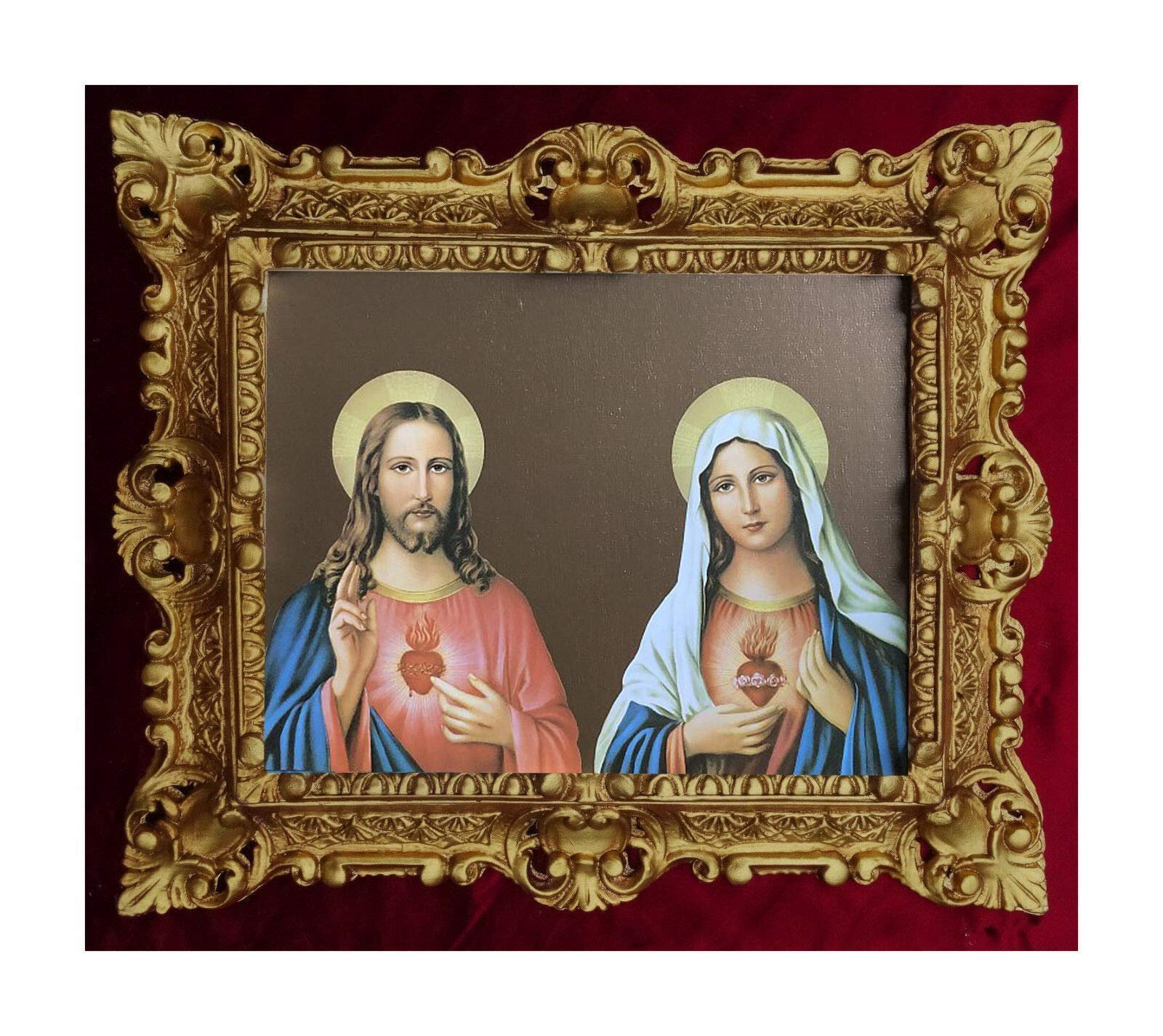 Lnxp GEMÄLDE SACRO CUORE DI GESU MARIA UND JESUS IKONEN Heiligenbild Bild mit Rahmen Antik Barockrahmen 45x38 cm 48B - Image 1