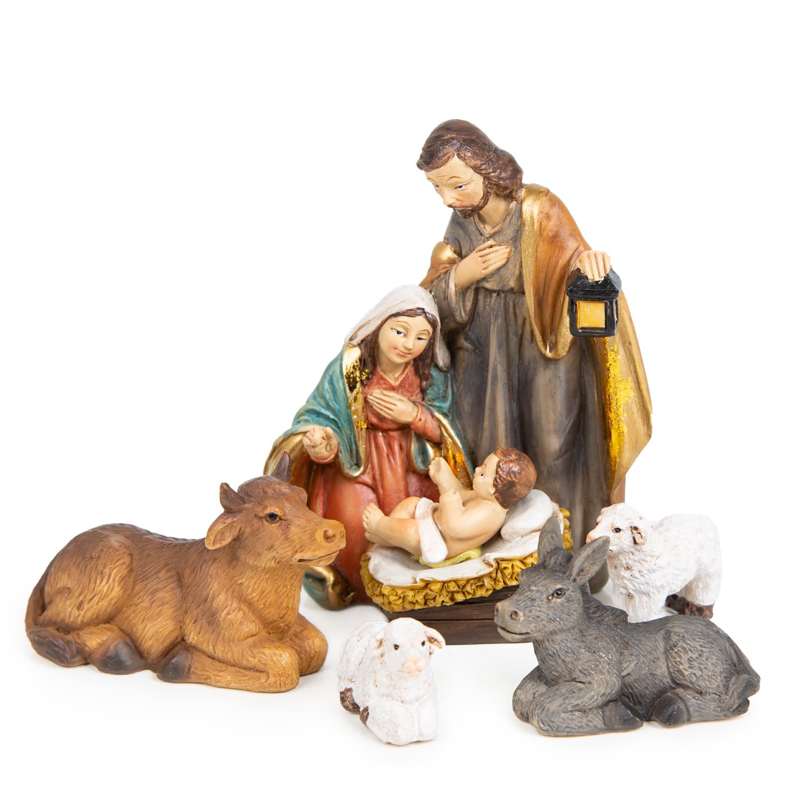 Logbuch-Verlag Krippenfiguren Set 5-TLG. Weihnachtskrippe Heilige Familie mit Ochs Esel Schaf 9,5 cm als kleines Geschenk zu Weihnachten - Image 1