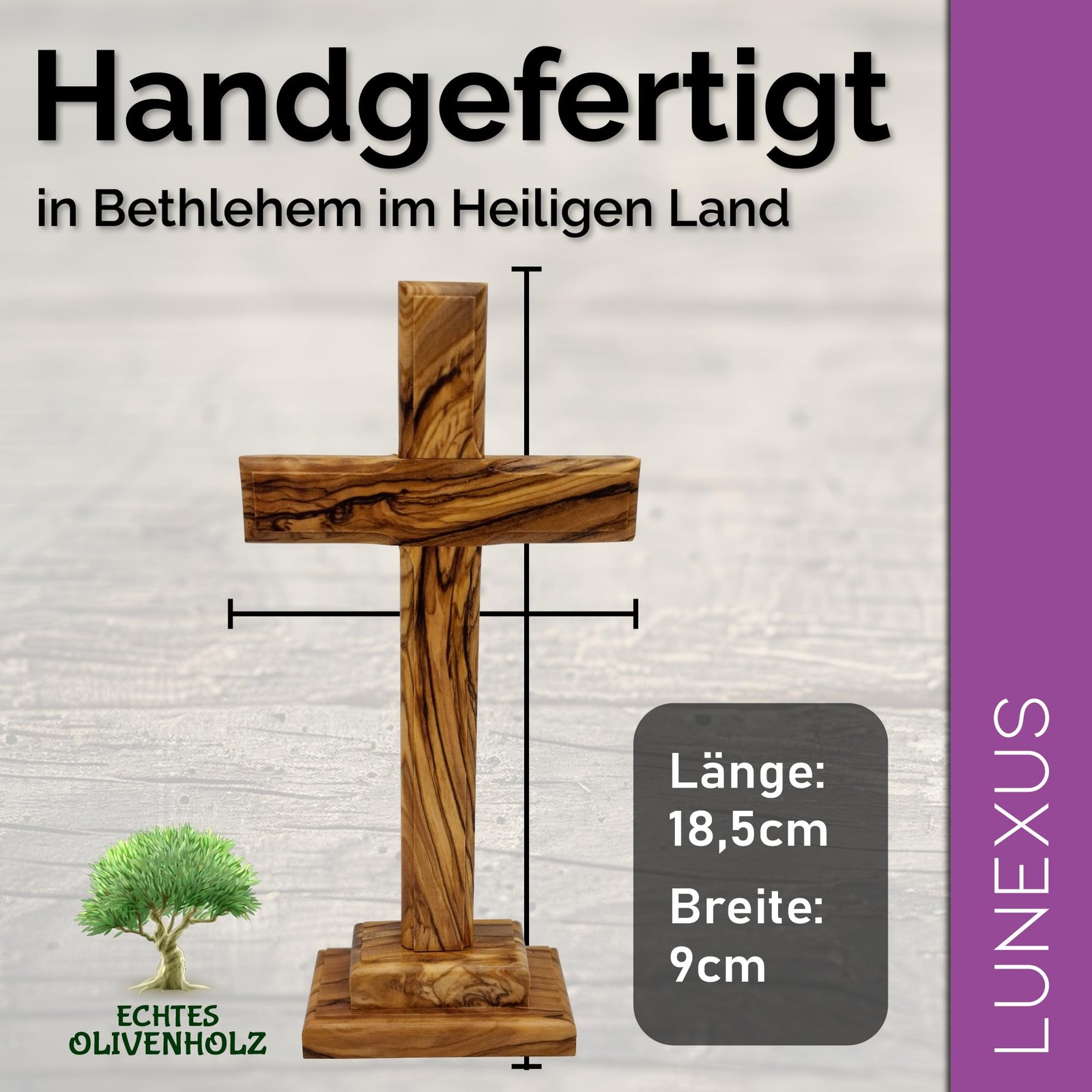 Lunexus Olivenholz Standkreuz 18,5 cm - Handgefertigt in Bethlehem - Gesegnet mit Weihezertifikat - Christliches Tischkreuz mit Standfuß - Geschenk zur Taufe, Kommunion, Firmung - Deko Holzkreuz - Image 2