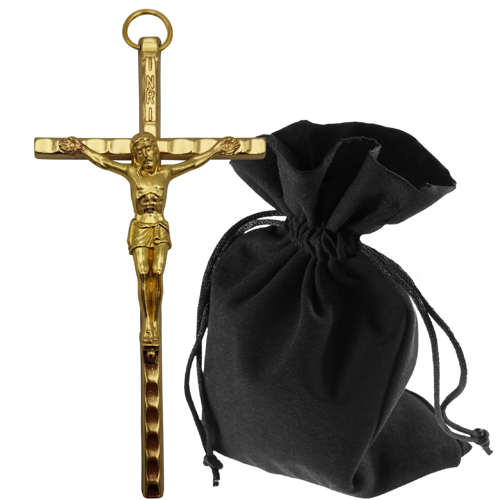 Lunexus Wandkreuz Metall 11 cm Gold - Katholisches Metallkreuz gesegnet - Kruzifix INRI Gravur, Türrahmen, Andachtsraum, Wohnzimmer - Christliches Wandkreuz mit Samtsäckchen & spiritueller Bedeutung - Image 1