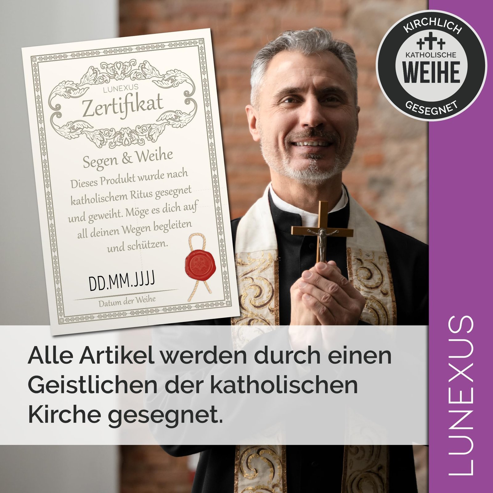 Lunexus Wandkreuz Metall 11 cm Gold - Katholisches Metallkreuz gesegnet - Kruzifix INRI Gravur, Türrahmen, Andachtsraum, Wohnzimmer - Christliches Wandkreuz mit Samtsäckchen & spiritueller Bedeutung - Image 3