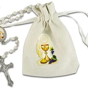 MaMeMi Rosenkranz zur KOMMUNION mit VERSCHLUSS – weiß mit PERLEN – im STOFFBEUTEL mit KELCH-MOTIV – 34 cm lang – religiöses KOMMUNIONSGESCHENK für Mädchen & Jungen Markenqualität - Image 3
