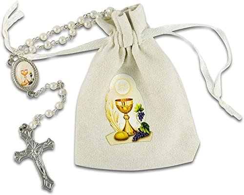 MaMeMi Rosenkranz zur KOMMUNION mit VERSCHLUSS – weiß mit PERLEN – im STOFFBEUTEL mit KELCH-MOTIV – 34 cm lang – religiöses KOMMUNIONSGESCHENK für Mädchen & Jungen Markenqualität - Image 3