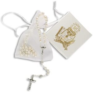 MaMeMi Rosenkranz zur KOMMUNION weiß 40 cm mit SILBERKREUZ – inkl. GESCHENKSCHACHTEL mit GOLDPRÄGUNG & ORGANZABEUTEL – edle PERLEN-OPTIK – Kommunionsgeschenk für MÄDCHEN & JUNGEN Made in ITALY - Image 3