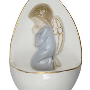 MaMeMi Weihkessel Porzellan mit Engel betend in BLAU – 10,5 cm – handbemaltes WEIHBECKEN mit GOLDRAND – für Wand & WEIHWASSER – christliches Geschenk zur Taufe, Kommunion, Geburt - Image 1