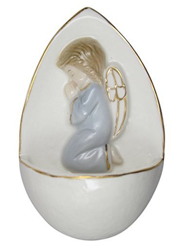MaMeMi Weihkessel Porzellan mit Engel betend in BLAU – 10,5 cm – handbemaltes WEIHBECKEN mit GOLDRAND – für Wand & WEIHWASSER – christliches Geschenk zur Taufe, Kommunion, Geburt - Image 1