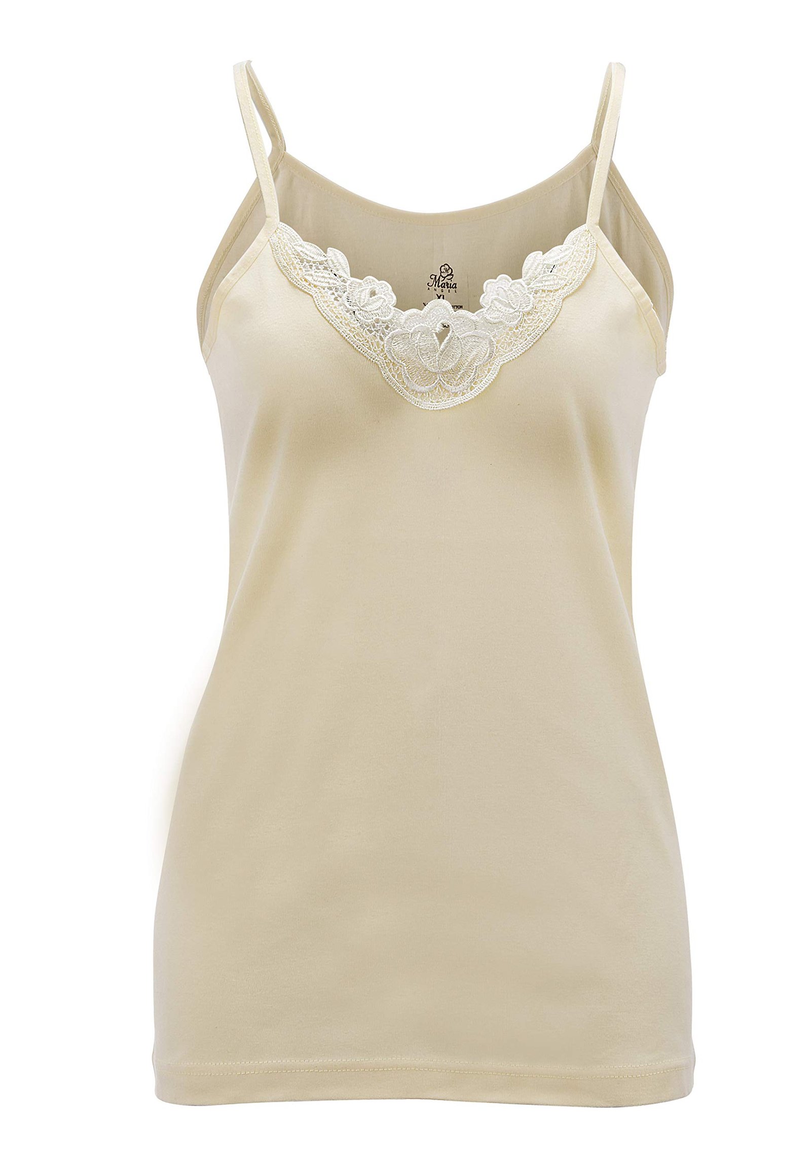 Maria Angel Damen Trägershirt, einfarbig, Baumwolle, Spitzenbesatz, Hals-Design, Cami-Tank-Trägerchen (1000), beige, 44-46 - Image 1